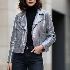 V Cristina Shimmering Silver Faux Leather Jacket